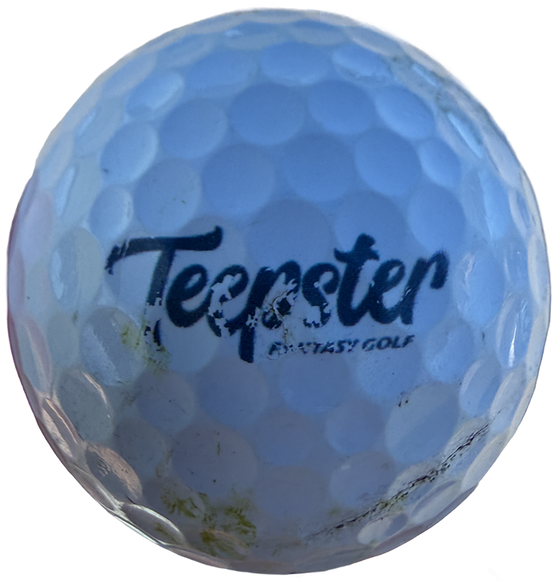 A personalised golf ball with a navy printed logo, still clear and fully legible after being played for 32 holes