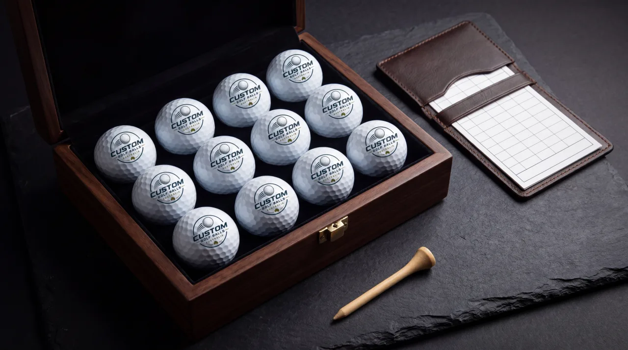 A boxed dozen of golf balls printed with a corporate crest, golf-day ready
