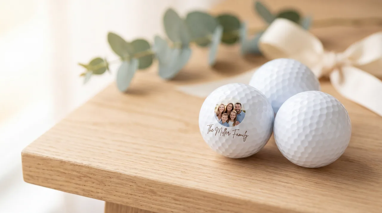 Personalised white golf balls printed with a photo, styled as a gift