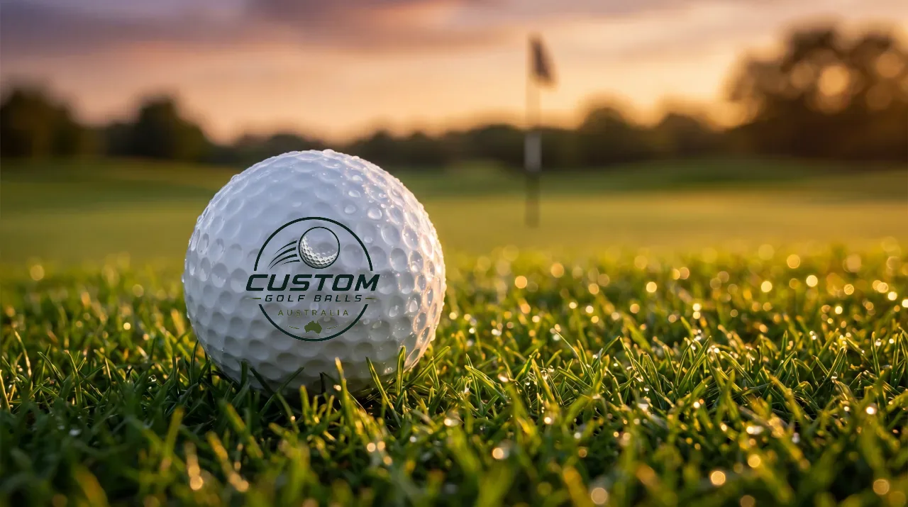 A premium white golf ball on a green fairway at golden hour